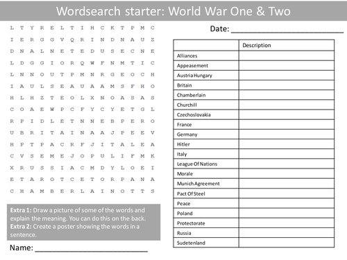 History World War 1 & 2 Wordsearch Crossword Anagrams Keyword Starters Homework Cover Lesson Hwk