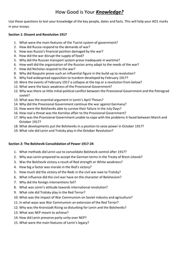 Russian Revolution to Dictatorship - Revision Questions
