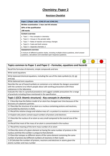 Edexcel 9-1 Chemistry Revision Checklist (Paper 1 and Paper 2) Combined and Separate Science