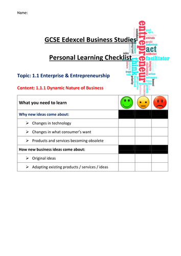 GCSE Edexcel  Business 9-1 - Theme 1 Personal Learning Checklists