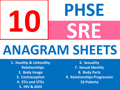 10 x SRE Puberty Sex Ed PSHE Anagram Sheets Keyword Starters Wordsearch Homework Cover Lesson Hwk