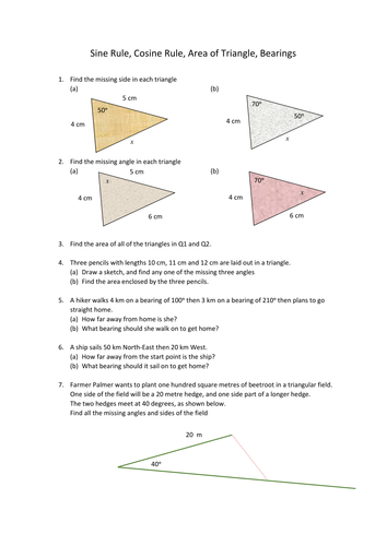 Sine Rule Cosine Rule Area Of Triangle Bearings Teaching Resources