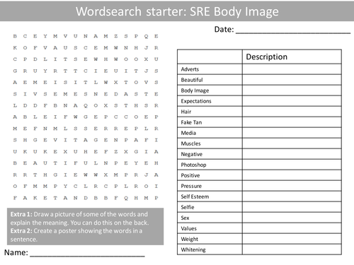 PHSE SRE Body Image Wordsearch Crossword Anagram Alphabet Keyword Starter Cover Lesson Hwk
