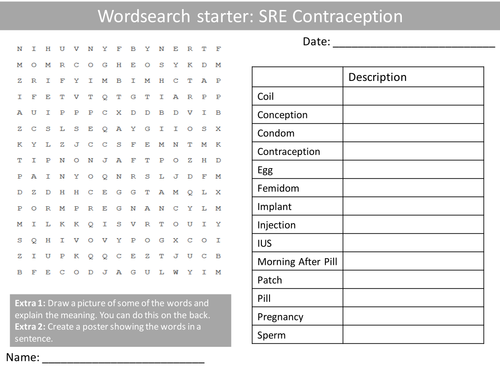PHSE SRE Contraception Wordsearch Crossword Anagram Alphabet Keyword Starter Cover Lesson Hwk