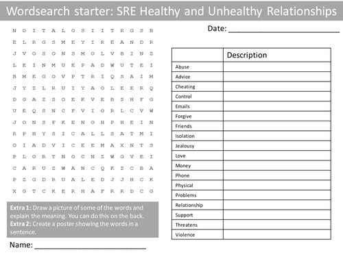 PHSE SRE Healthy Unhealthy Relationships Wordsearch Crossword Anagram