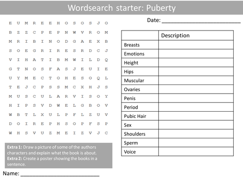 PHSE SRE Puberty Wordsearch Crossword Anagram Alphabet Keyword Starter Cover Lesson Homework