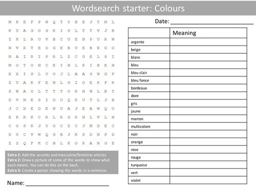 French Colours Wordsearch Crossword Anagrams Keyword Starters Homework Cover Plenary Lesson