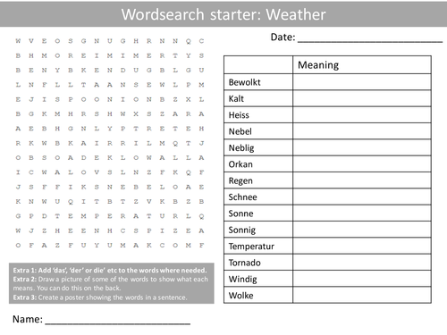 German Weather Keywords KS3 GCSE Starter Activities Wordsearch, Anagrams Crossword Cover Homework