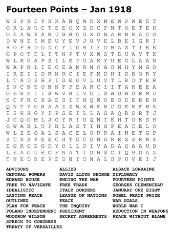 Woodrow Wilson's Fourteen Points Word Search