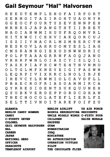 Gail Halvorsen Berlin Blockade - The Candy Bomber Word Search