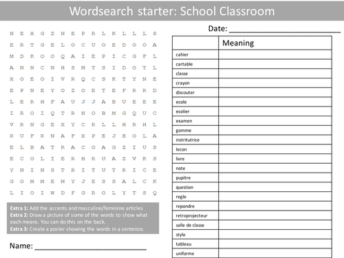 French School Classroom Wordsearch Crossword Anagrams Keyword Starters Homework Cover Plenary Lesson