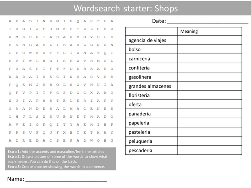 Spanish Shops Shopping Keyword Wordsearch Crossword Anagrams Keyword Starters Homework Cover Plenary