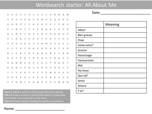 60 x Spanish Vocab Starter Activities GCSE KS3 Keyword Crossword Homework Cover Lesson Plenary