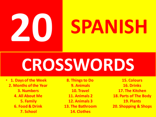 20 Crosswords Spanish GCSE or KS3 Keyword Starters Crossword Homework or Cover Lesson