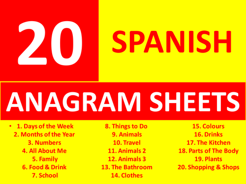 20 Anagram Sheets Spanish GCSE or KS3 Keyword Starters Anagrams Homework or Cover Lesson