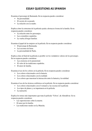 Volver Essay Questions AS 2016 Spanish | Teaching Resources