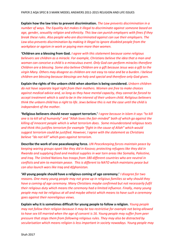 MODEL ANSWERS 3 MARKERS AQA SPEC B RS PAPER 2 PART 2