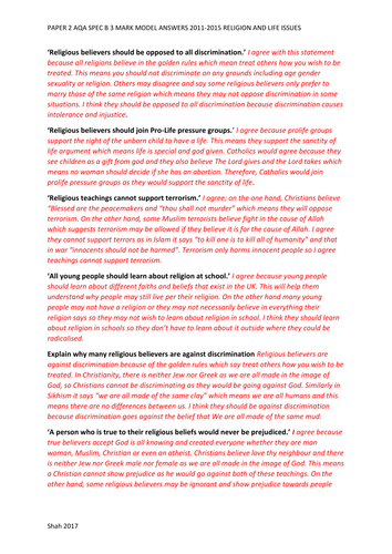 MODEL ANSWERS 3 MARKERS AQA GCSE RS SPEC B PAPER 2 PART 1