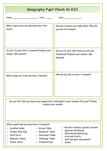 Geography Pupil Check-In -/Pupil Voice KS3
