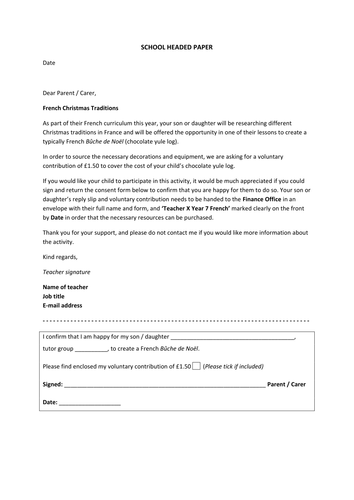 Creative Cultural Lesson (Cooking) - Parent / Carer Consent Letter