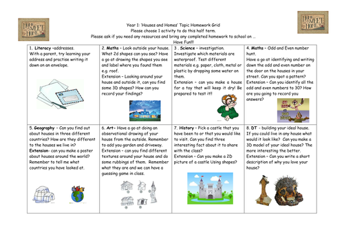 Houses and Homes Topic Homework Grid