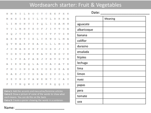 Spanish Fruit & Vegetables Keyword Wordsearch Crossword Anagrams Keyword Starters Homework Cover