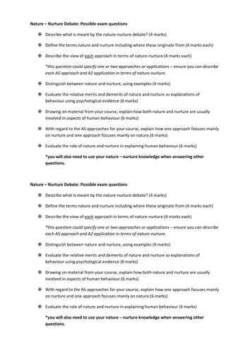 Nature VS Nurture. psychology. whole lesson with revision and exam questions