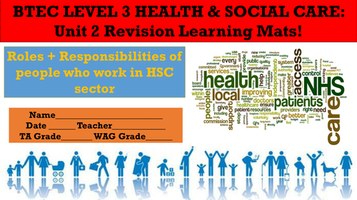 BTEC LEVEL 3 HEALTH AND SOCIAL CARE: UNIT 2 REVISION LEARNING MATS!