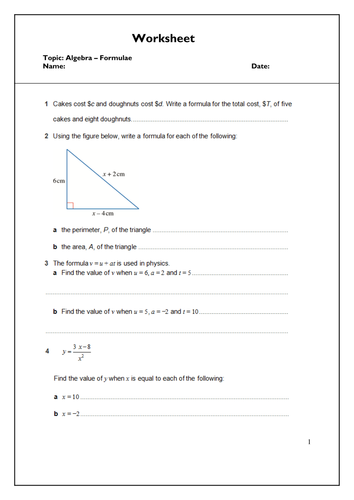 Algebra - Formula Worksheet | Teaching Resources
