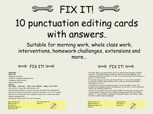 10 KS2 punctuation editing cards with answers