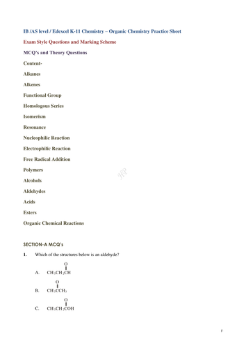 Organic Chemistry- Hydrocarbons  Practice questions + Ans Key