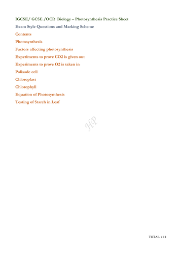 Photosynthesis- Practice Questions and Ans Key Biology