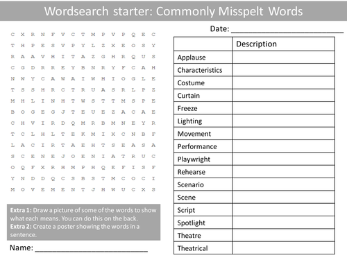 Drama Commonly Misspelt Keywords Wordsearch Crossword Anagrams Keyword Starters Homework Cover