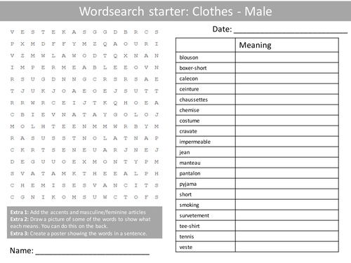 French Clothes Male Wordsearch Crossword Anagrams Keyword Starters Homework Cover Plenary Lesson