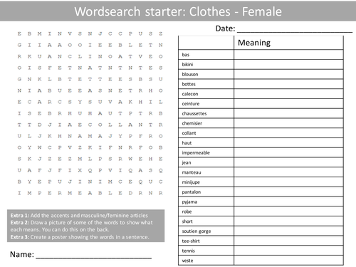 French Clothes Female Wordsearch Crossword Anagrams Keyword Starters Homework Cover Plenary Lesson