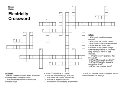 P2 Electricity Revision Crossword by smkso Teaching Resources Tes