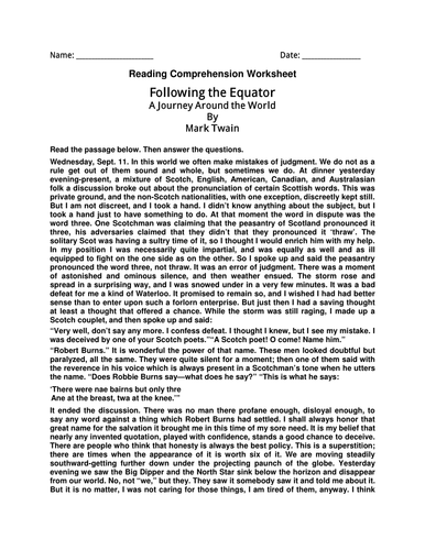 Worksheet of Comprehension-Following the Equator By Mark Twain