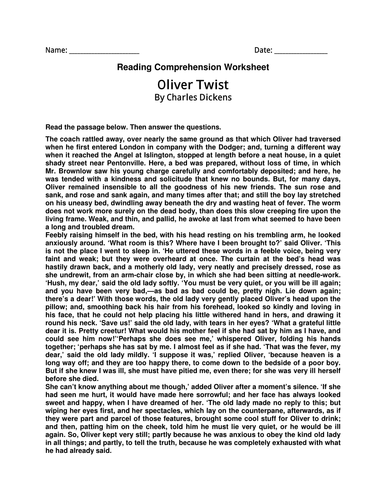 English Prehension Worksheet Oliver Twist By Charles