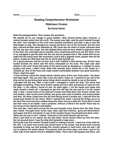 English Comprehension Worksheet- Robinson Crusoe By Daniel Defoe