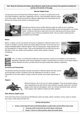 Food Technology Cover lesson activity: Mexican Staple foods
