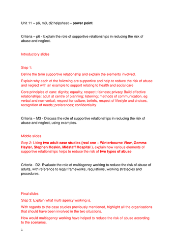 Unit 11 Safeguarding Vulnerbale adults and promoting independence help sheet 2