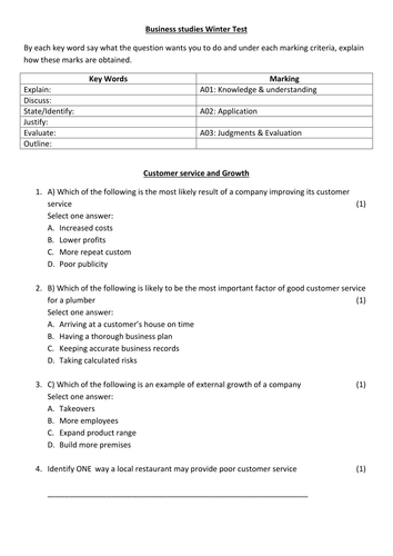 GCSE Business 1-9 Topic test on Customer service and Business grwoth