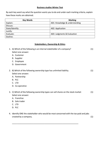 GCSE Business 1-9 Topic test on stakeholders, ownership & ethics.