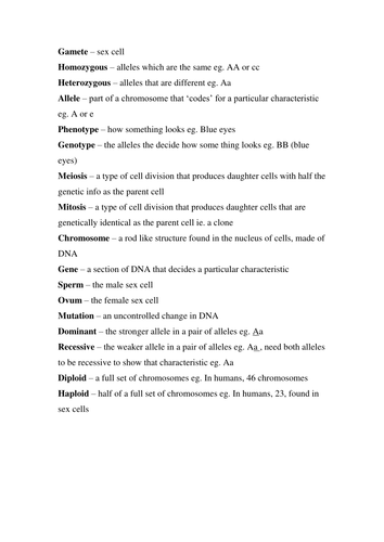 GCSE Genetics Key words and meanings
