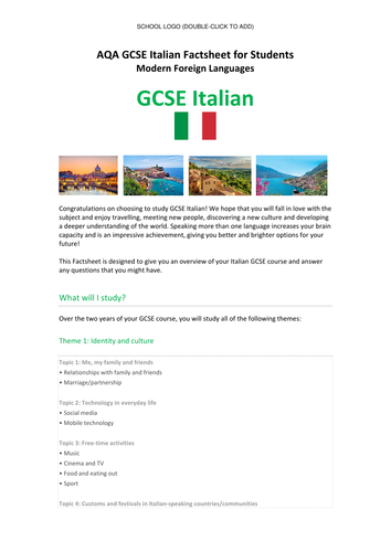AQA New Italian GCSE (Specification 8633) - Student Factsheet
