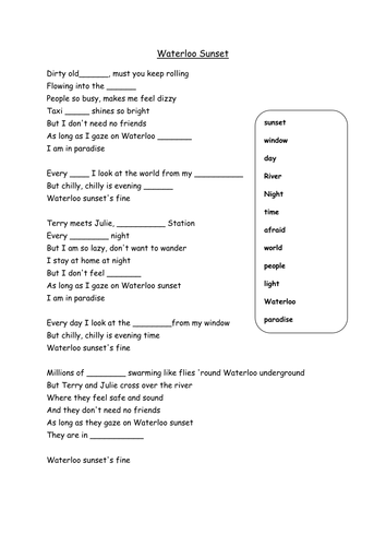 Waterloo Sunset Lyric Listening Activities ESOL/ESL/EFL