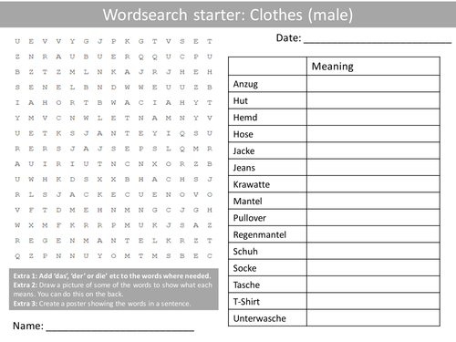 German Clothes Male Keywords KS3 GCSE Starter Activities Wordsearch, Anagrams Crossword Cover Hwk