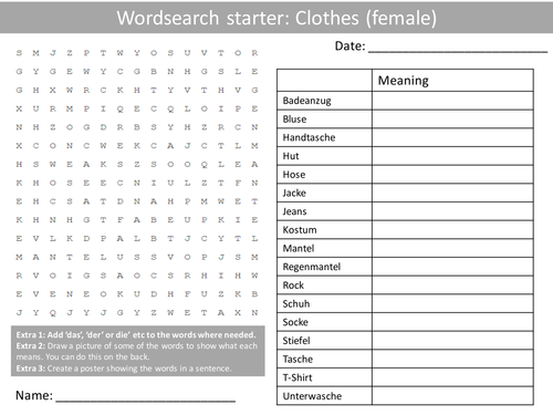 German Clothes Female Keywords KS3 GCSE Starter Activities Wordsearch, Anagrams Crossword Cover Hwk