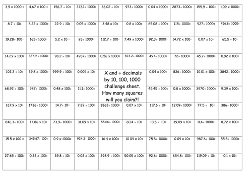 dividing decimals by 10 100 and 1000 year 6