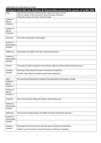 Writing frame comparing Ozymandias and My Last Duchess Power and Conflict